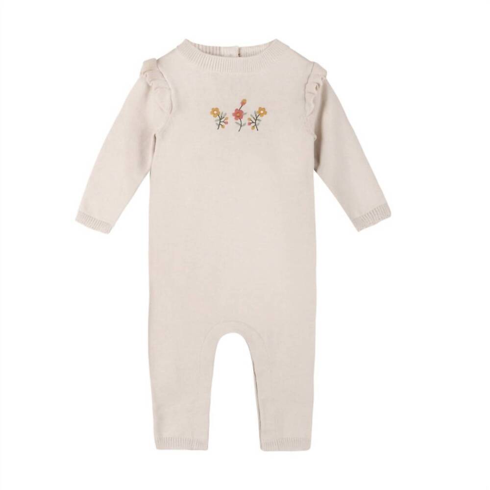 NEW VIVERANO ORGANICS kid's floral embroidered ruffle sweater jumpsuit in stone